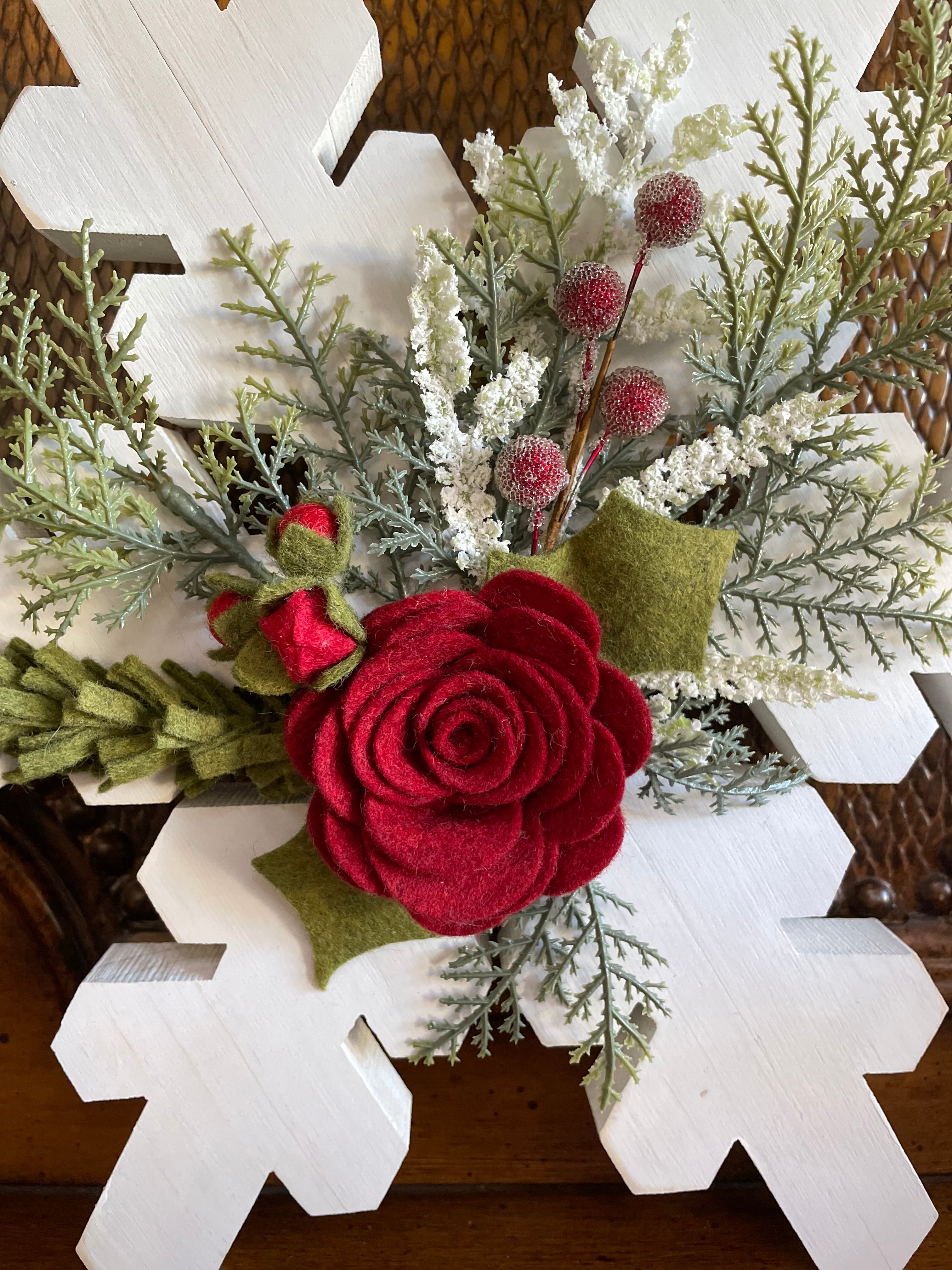 Wood Snowflake with Felt flower accent