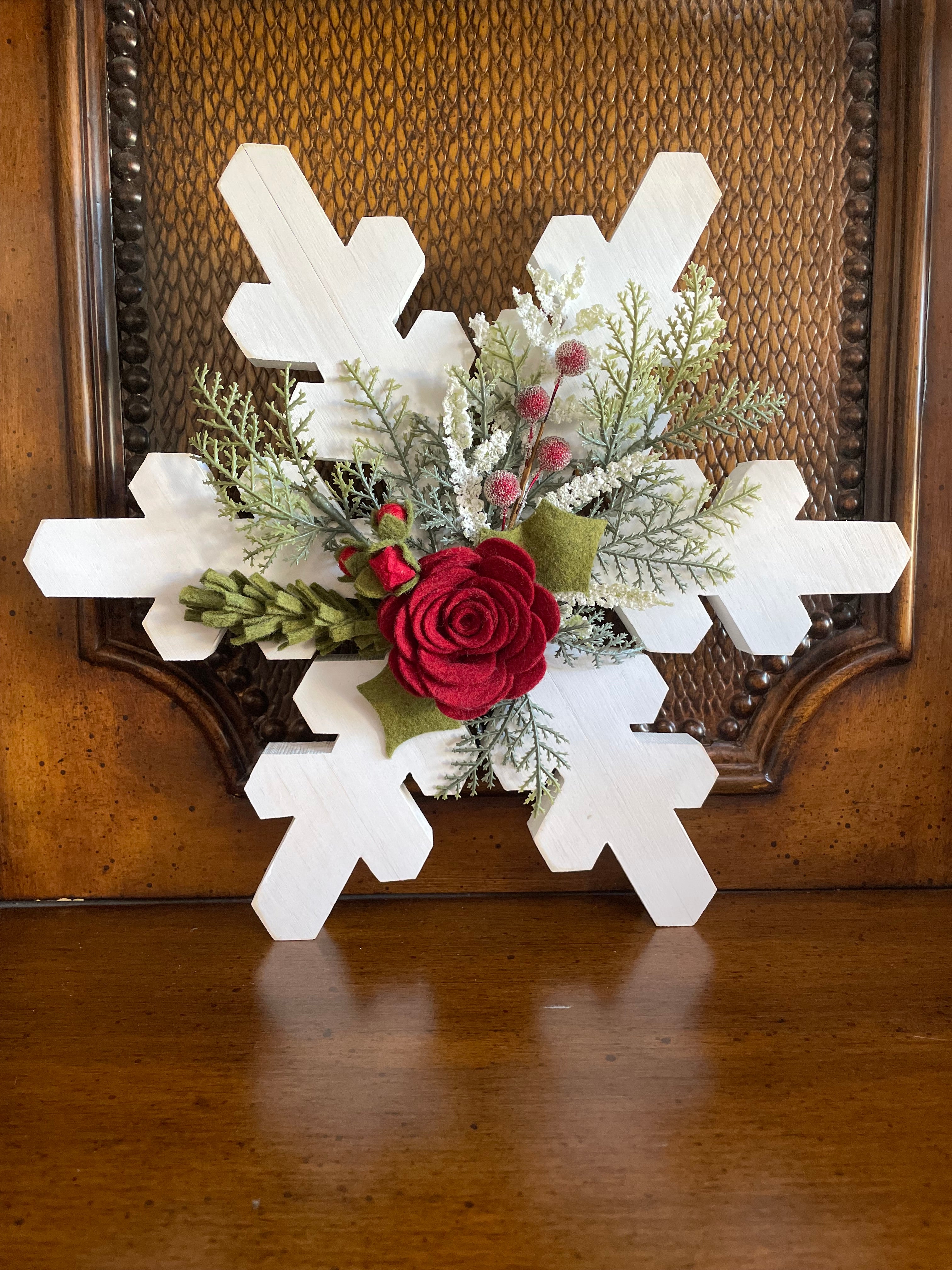 Wood Snowflake with Felt flower accent